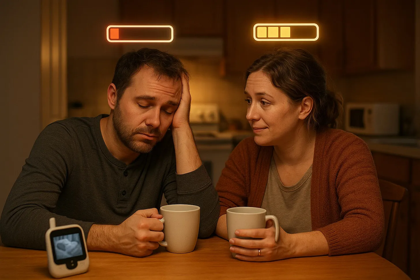 A tired man and a supportive woman sit at a kitchen table beneath low and high battery indicators.