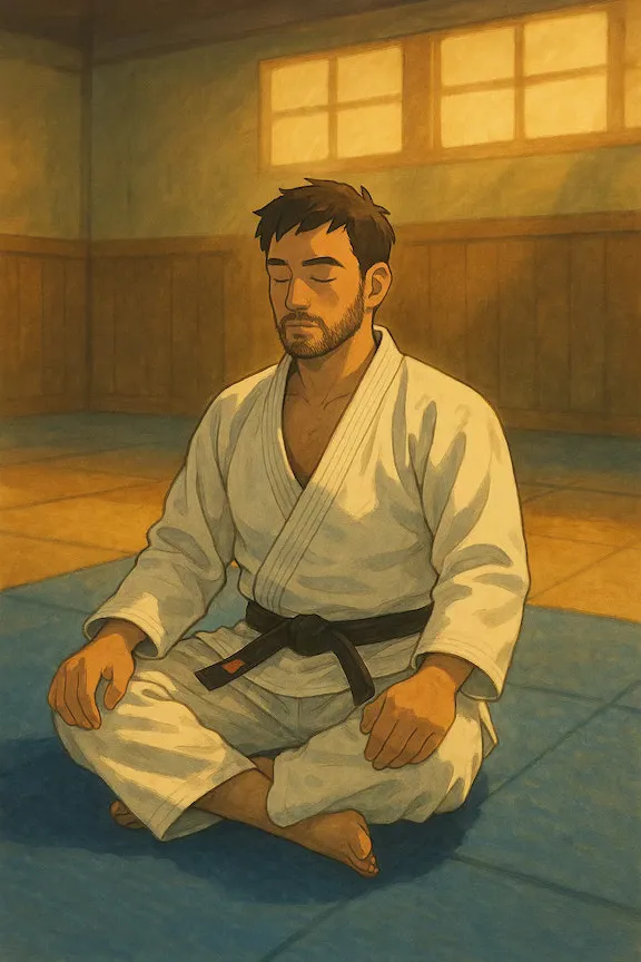 An illustrated Brazilian Jiu-Jitsu black belt meditating on gym mats.